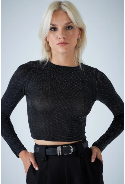 Kadın Siyah Sırt Dekolteli Parlak Bluz ELT184