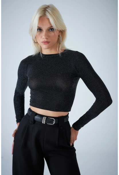 Kadın Siyah Sırt Dekolteli Parlak Bluz ELT184