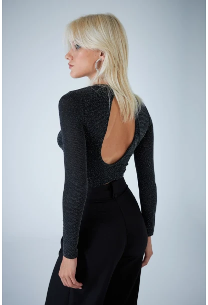 Kadın Siyah Sırt Dekolteli Parlak Bluz ELT184