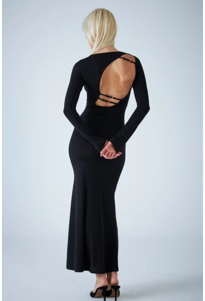 Kadın Siyah Sırt Detaylı Maxi Elbise HO58