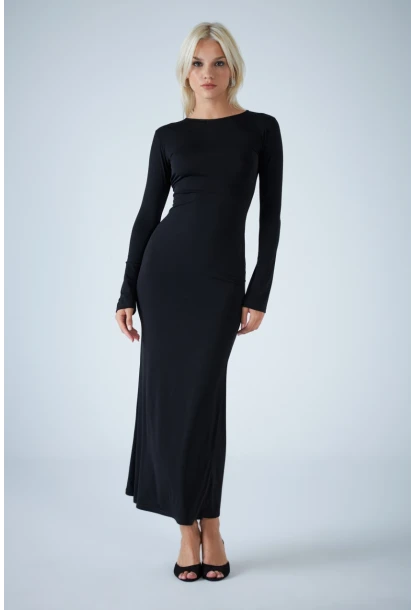 Kadın Siyah Sırt Detaylı Maxi Elbise HO58