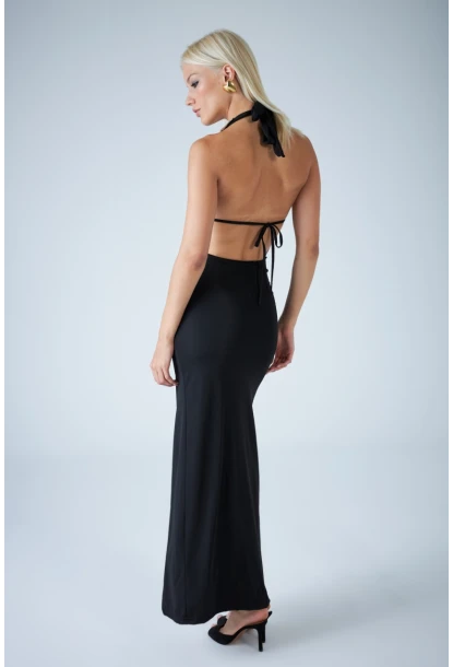 Kadın Siyah Sırtı Açık Midi Elbise DCF130