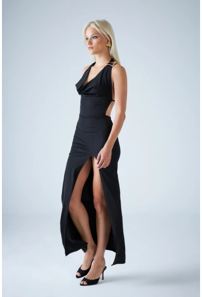 Kadın Siyah Sırtı Açık Midi Elbise DCF130