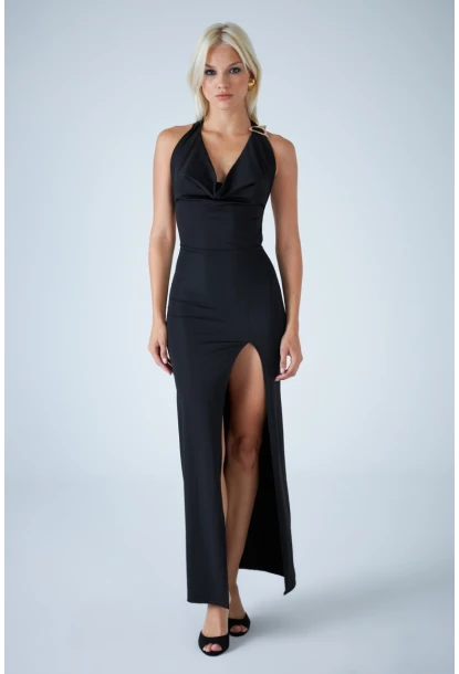 Kadın Siyah Sırtı Açık Midi Elbise DCF130