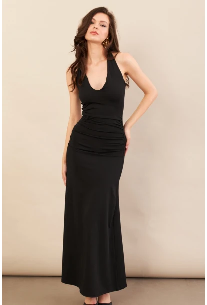 Kadın Siyah Sırtı Açık Boyun Bağlamalı Maxi Elbise DCF061