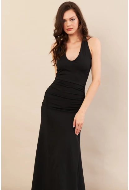 Kadın Siyah Sırtı Açık Boyun Bağlamalı Maxi Elbise DCF061