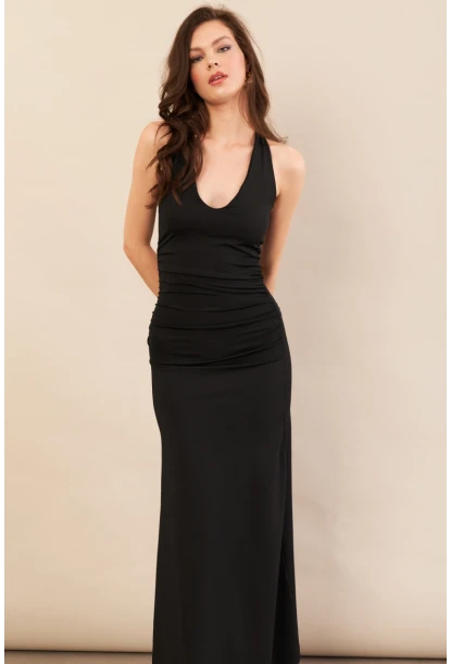 Kadın Siyah Sırtı Açık Boyun Bağlamalı Maxi Elbise DCF061