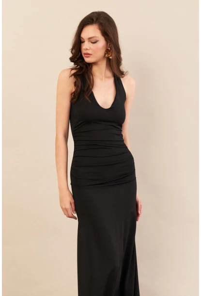 Kadın Siyah Sırtı Açık Boyun Bağlamalı Maxi Elbise DCF061