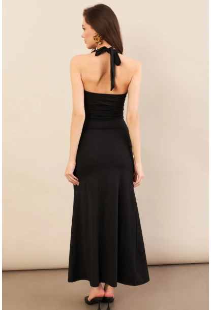 Kadın Siyah Sırtı Açık Boyun Bağlamalı Maxi Elbise DCF061