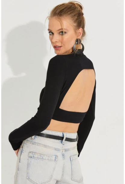 Kadın Siyah Sırtı Açık Crop Bluz B3072