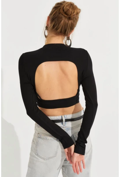 Kadın Siyah Sırtı Açık Crop Bluz B3072