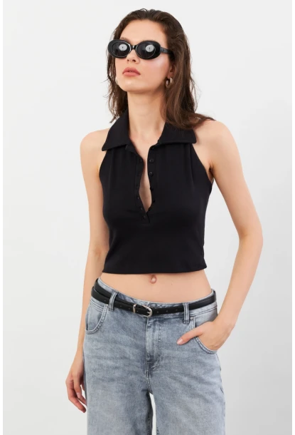 Kadın Siyah Sırtı Açık Düğmeli Bluz LPP1246-90