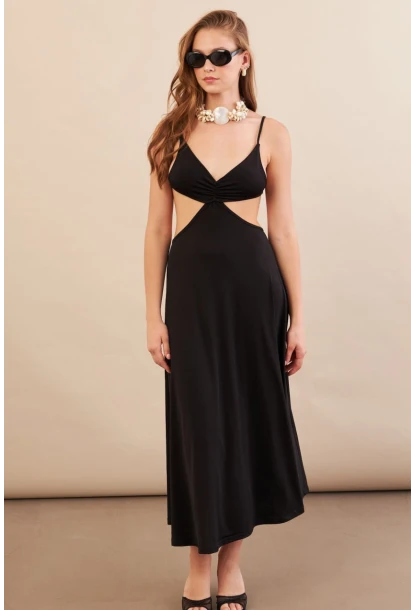 Kadın Siyah Sırtı Açık Halter Yaka Midi Elbise AN7036