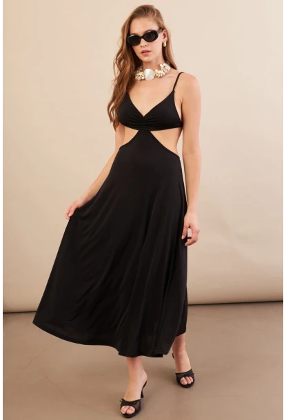 Kadın Siyah Sırtı Açık Halter Yaka Midi Elbise AN7036