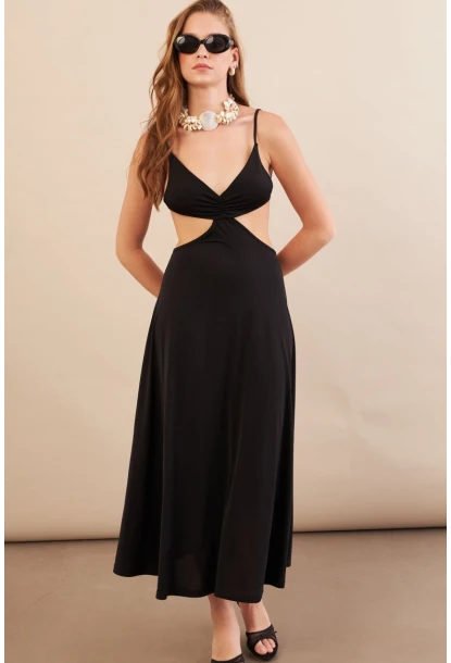 Kadın Siyah Sırtı Açık Halter Yaka Midi Elbise AN7036
