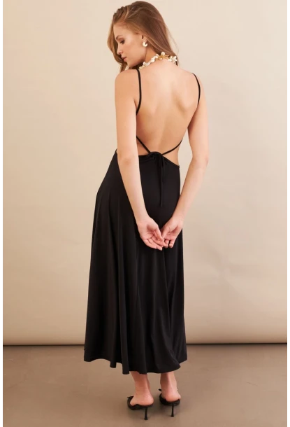 Kadın Siyah Sırtı Açık Halter Yaka Midi Elbise AN7036