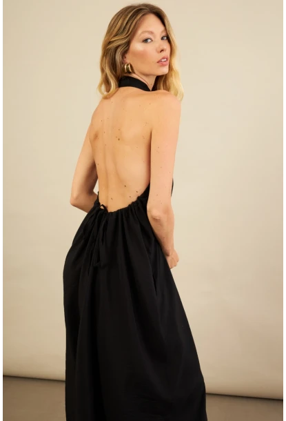 Kadın Siyah Sırtı Açık Maxi Gömlek Elbise ELN3132