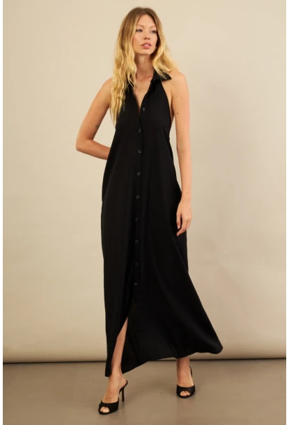 Kadın Siyah Sırtı Açık Maxi Gömlek Elbise ELN3132
