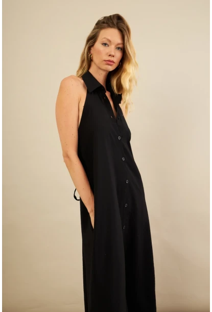 Kadın Siyah Sırtı Açık Maxi Gömlek Elbise ELN3132