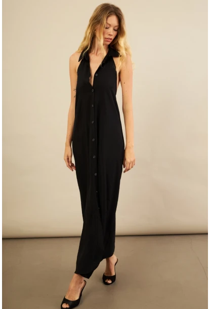 Kadın Siyah Sırtı Açık Maxi Gömlek Elbise ELN3132