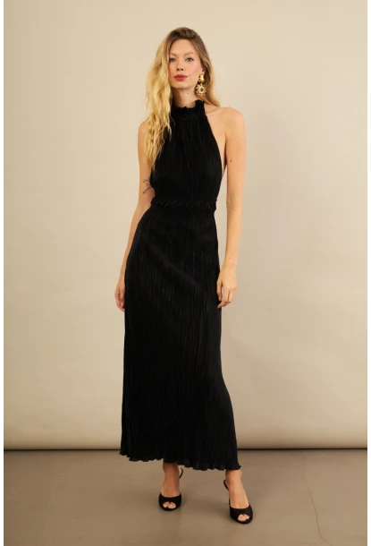 Kadın Siyah Sırtı Açık Piliseli Maxi Elbise YEL221664