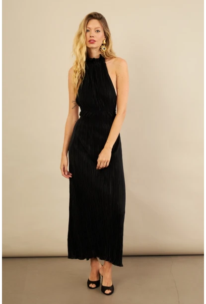 Kadın Siyah Sırtı Açık Piliseli Maxi Elbise YEL221664