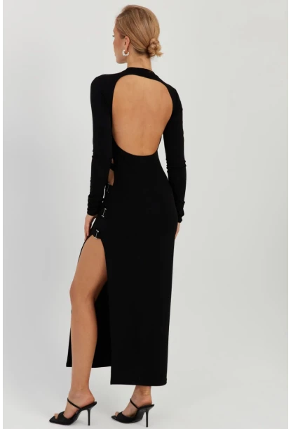 Kadın Siyah Sırtı Açık Yırtmaçlı Maxi Elbise YEL87