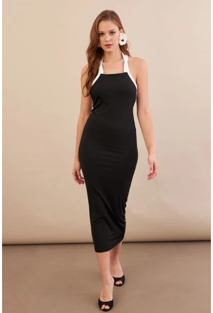 Kadın Siyah Sırtı Çapraz Askılı Midi Elbise AN8126