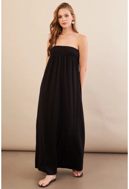 Kadın Siyah Straplez Midi Elbise EY3111