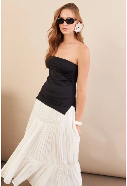 Kadın Siyah Straplez Yanı Yırtmaçlı Bluz MX2006