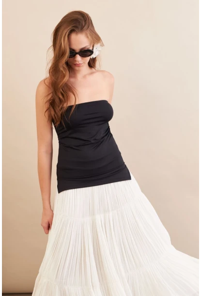 Kadın Siyah Straplez Yanı Yırtmaçlı Bluz MX2006