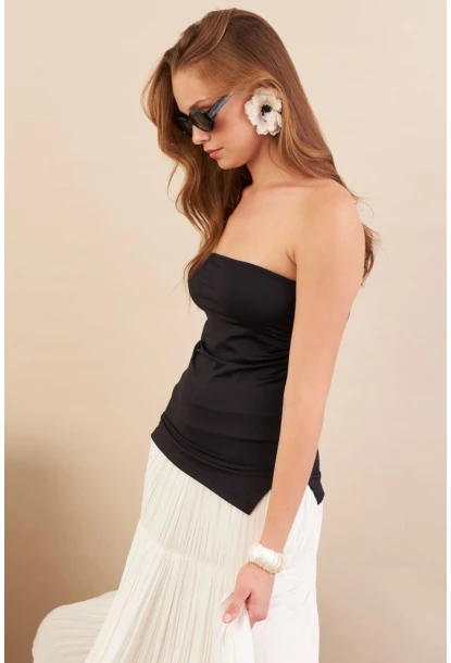 Kadın Siyah Straplez Yanı Yırtmaçlı Bluz MX2006