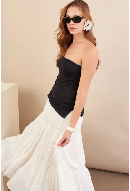 Kadın Siyah Straplez Yanı Yırtmaçlı Bluz MX2006