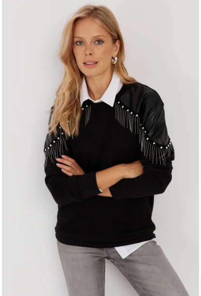 Kadın Siyah Suni Deri Bloklu Sweatshirt PKA807