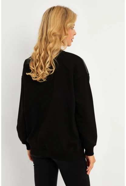 Kadın Siyah Suni Deri Bloklu Sweatshirt PKA808