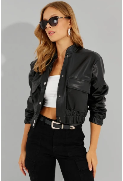 Kadın Siyah Suni Deri Kısa Bomber Ceket LST57