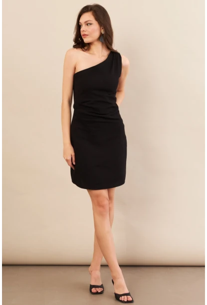 Kadın Siyah Tek Omuz Astarlı Mini Keten Elbise AYD416