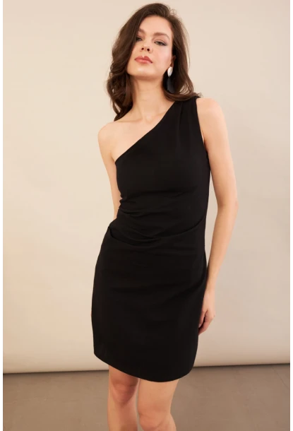 Kadın Siyah Tek Omuz Astarlı Mini Keten Elbise AYD416