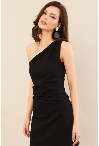 Kadın Siyah Tek Omuz Astarlı Mini Keten Elbise AYD416