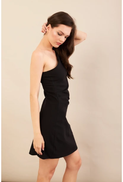 Kadın Siyah Tek Omuz Astarlı Mini Keten Elbise AYD416