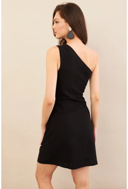 Kadın Siyah Tek Omuz Astarlı Mini Keten Elbise AYD416