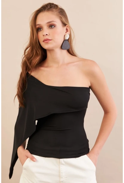 Kadın Siyah Tek Omuz Bluz AN6015