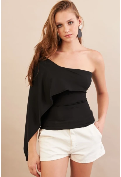 Kadın Siyah Tek Omuz Bluz AN6015