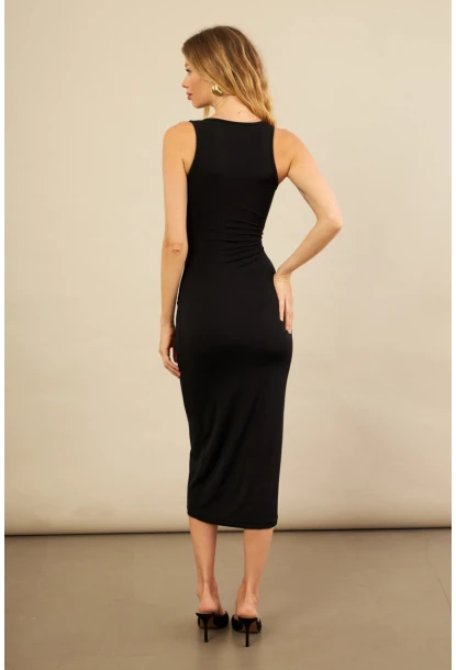 Kadın Siyah Toka Aksesuarlı Pencereli Midi Elbise KED7411