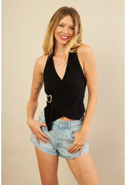 Kadın Siyah Tokalı Asimetrik Crop Bluz AN8134