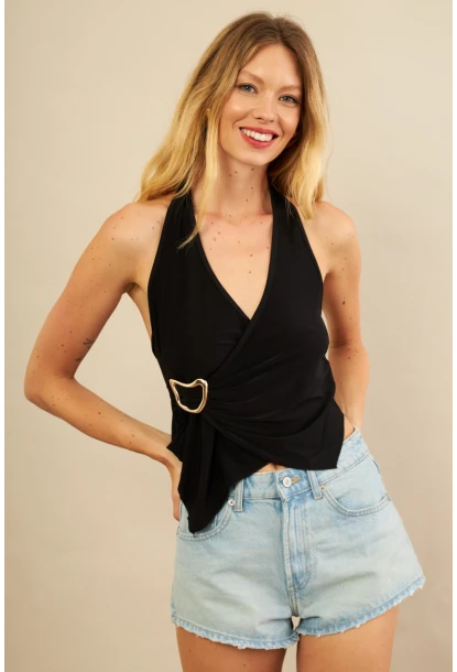 Kadın Siyah Tokalı Asimetrik Crop Bluz AN8134