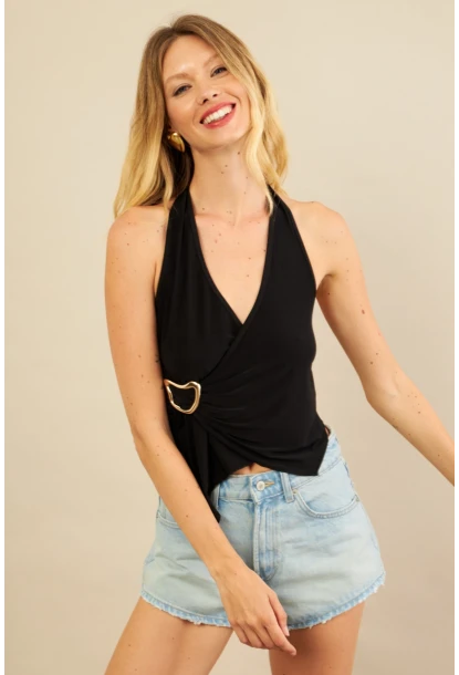 Kadın Siyah Tokalı Asimetrik Crop Bluz AN8134
