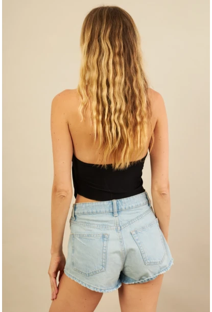 Kadın Siyah Tokalı Asimetrik Crop Bluz AN8134