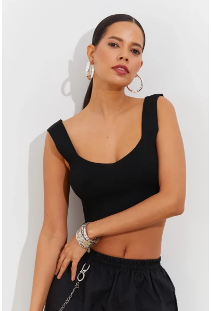 Kadın Siyah Triko Crop Atlet YV118