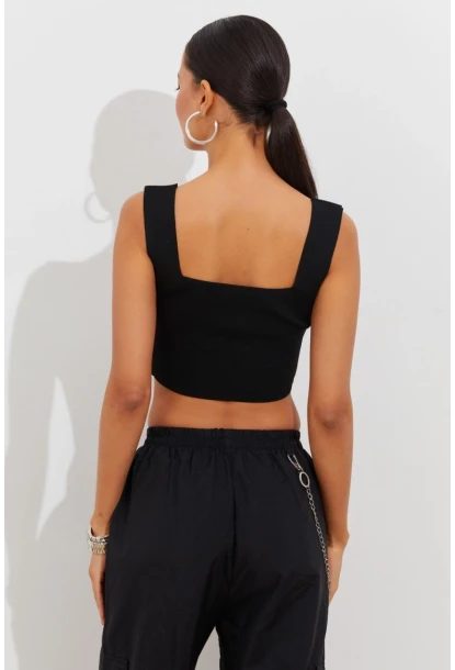 Kadın Siyah Triko Crop Atlet YV118